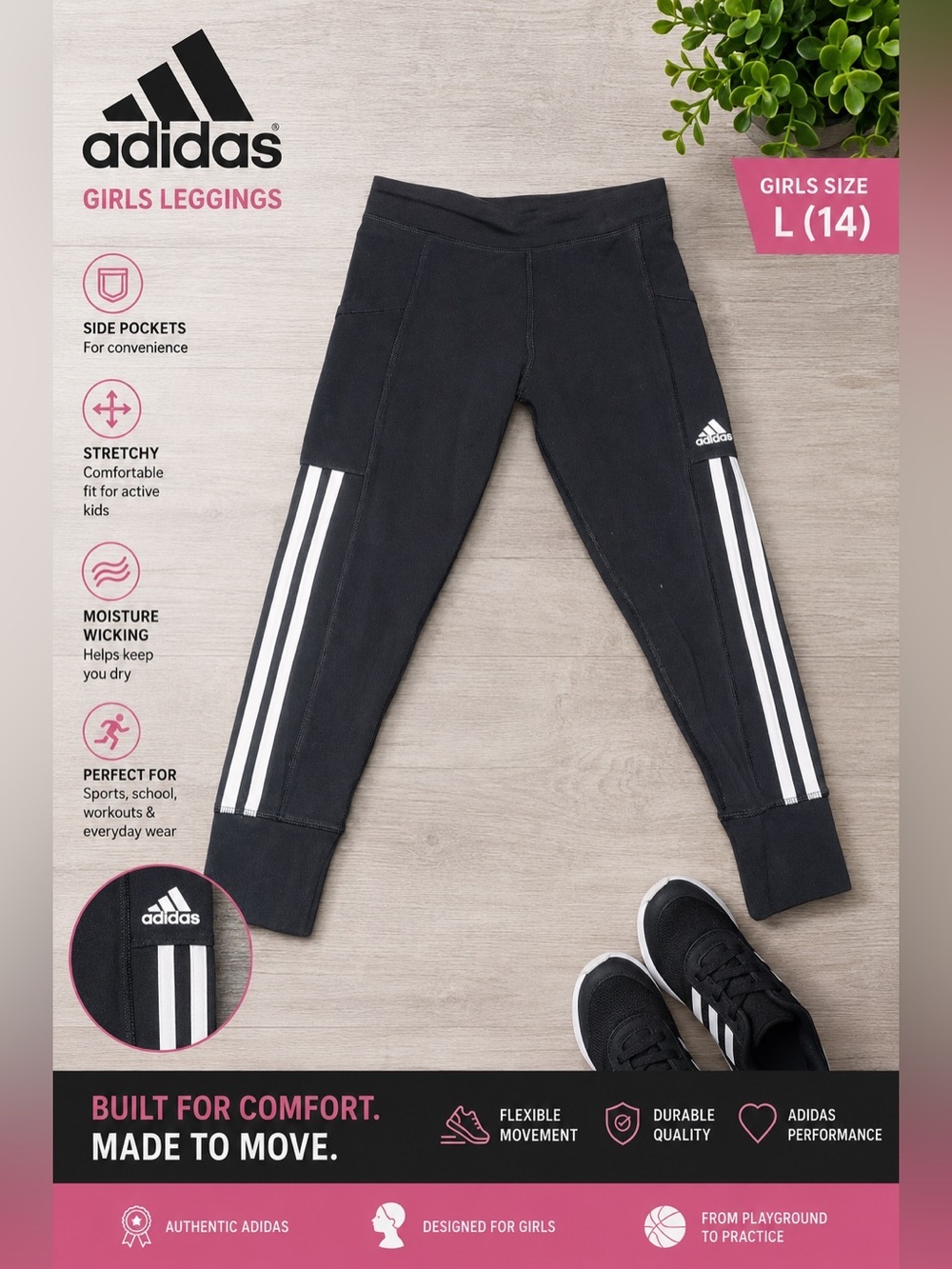 Adidas Girls Black 3-Stripe Leggings with Pockets Size Large 14